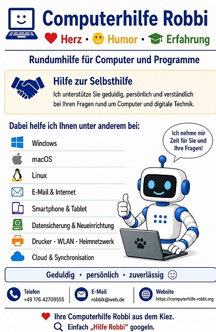 Hier der  ein Link zu Robbi andere Website: computerhilfe-robbi.org, hilfe mit Hwrz und Humor,  , einfach mal anschauen, Computerhilfe, PC Hilfe, aus Dahlem und Schmargendorf , Unterstützung Fehlerbehebung Rundum Hilfe